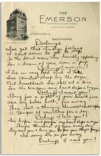 Moe Howard Handwritten Poem to His Family -- From the 1930s on Baltimore Hotel Stationery -- With Math Calculations on Verso -- Single Page Measures 5.5'' x 8.5'', Near Fine